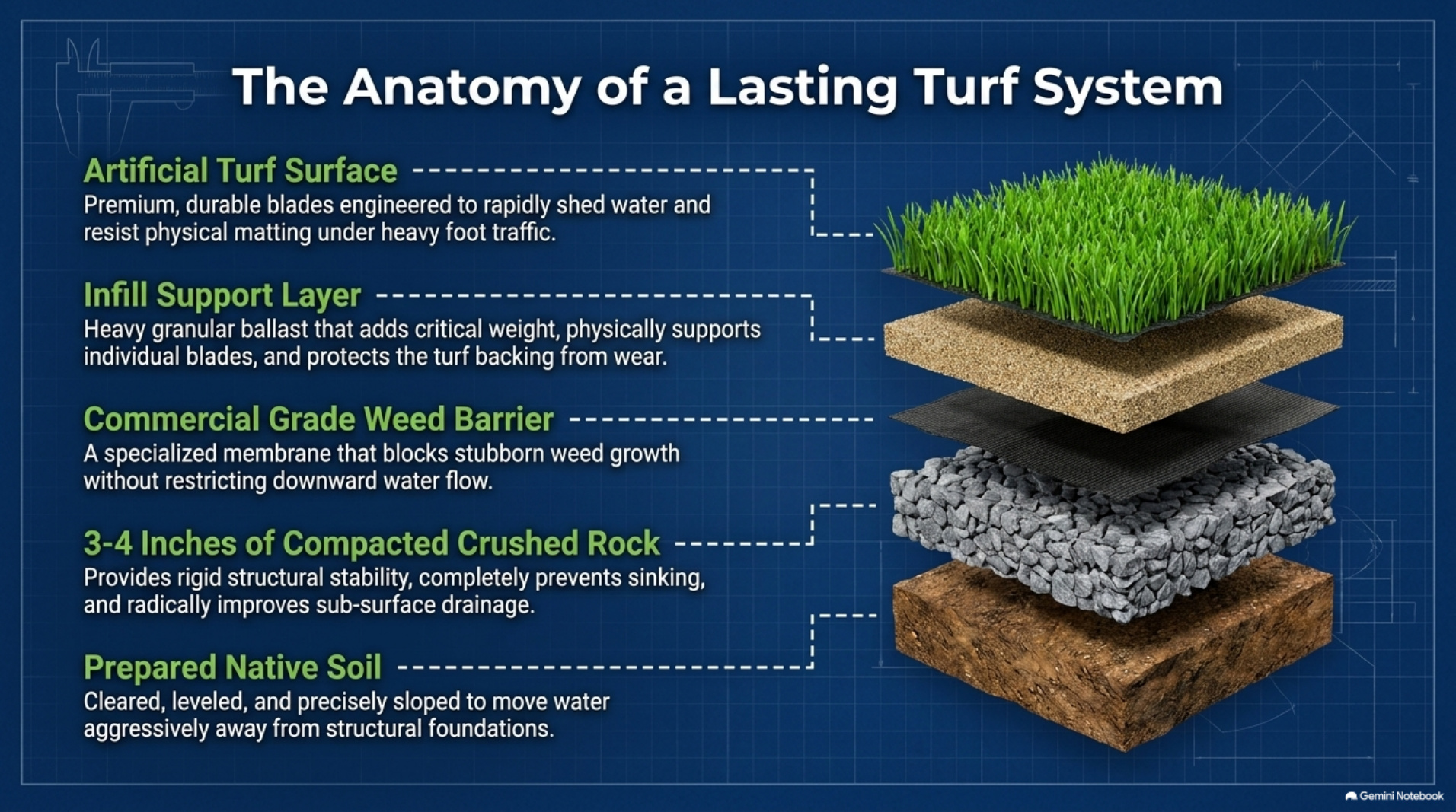 Cutaway diagram of the five layers of an engineered turf system from turf surface down to prepared native soil