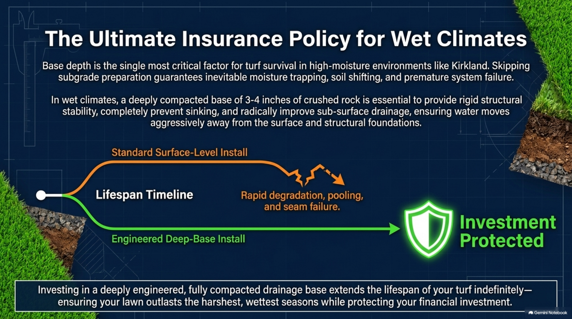 Final slide contrasting a standard surface-level turf install with an engineered deep-base install