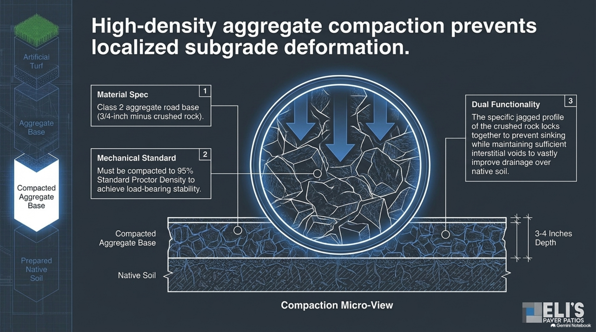 Close view of compacted Class 2 crushed rock aggregate base