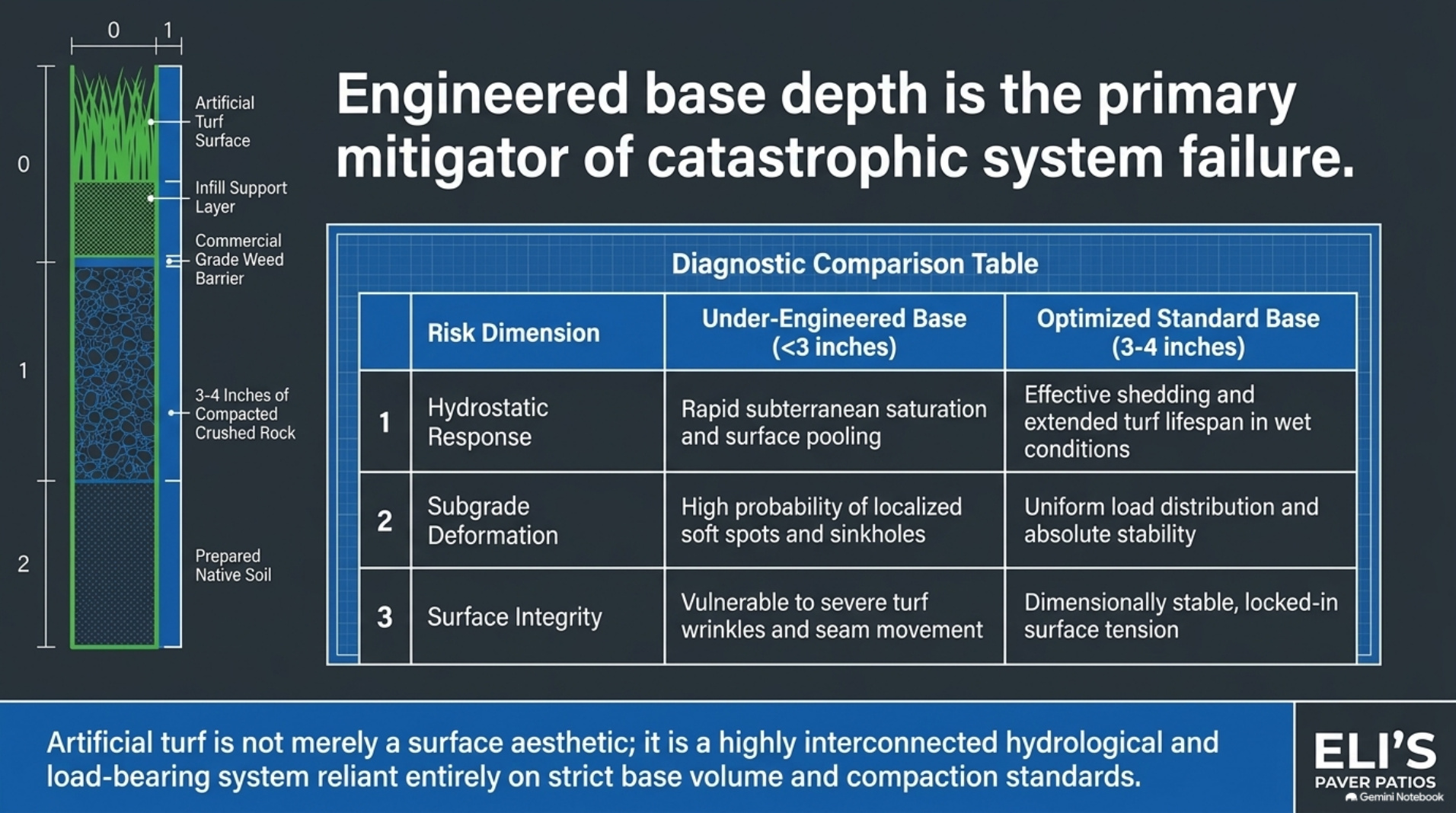 Diagnostic comparison of under-engineered versus optimized turf base depth